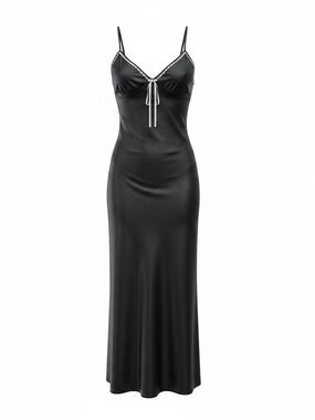 Black Satin Long Slip Dress with Contrast Trim